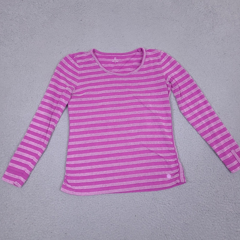 T By Talbots Womens T-Shirt Size P Purple White Striped Long Sleeve Pullover